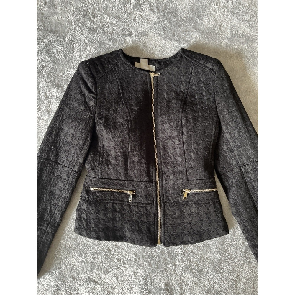 WOMENS H&M BLACK GORGEOUS Textured ZIP Up BLAZER JACKET SIZE 4 US 34 EUR